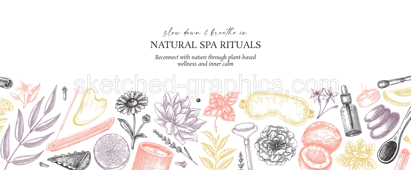 Selfcare background. Wellness and spa seamless pattern. Hand drawn vector illustration. Beauty salon vintage border design. Not AI generated Illustration